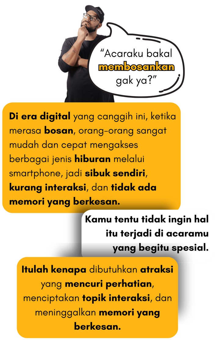 Seseorang yang sedang bingung, khawatir, dan penasaran apakah acaranya akan membosankan, yang bisa mengakibatkan kurangnya interaksi sosial.