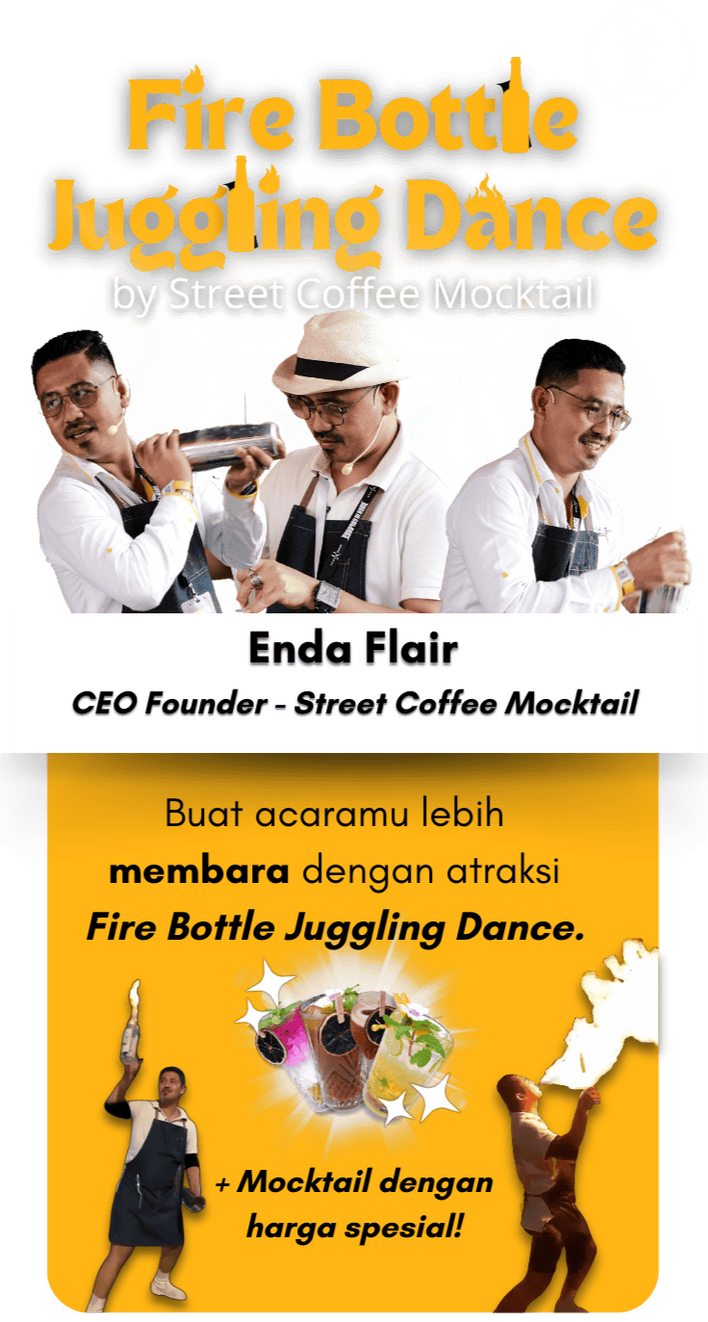 Atraksi Fire Bottle Tarian Juggling Botol Api oleh seorang Bartender profesional dan menyajikan minuman moktail segar di acara atau event.