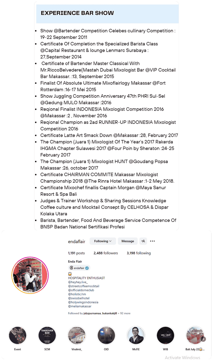 Rincian pengalaman seseorang yang bernama Enda Flair, sudah memiliki pengalaman 16 tahun dalam industri Hospitality.